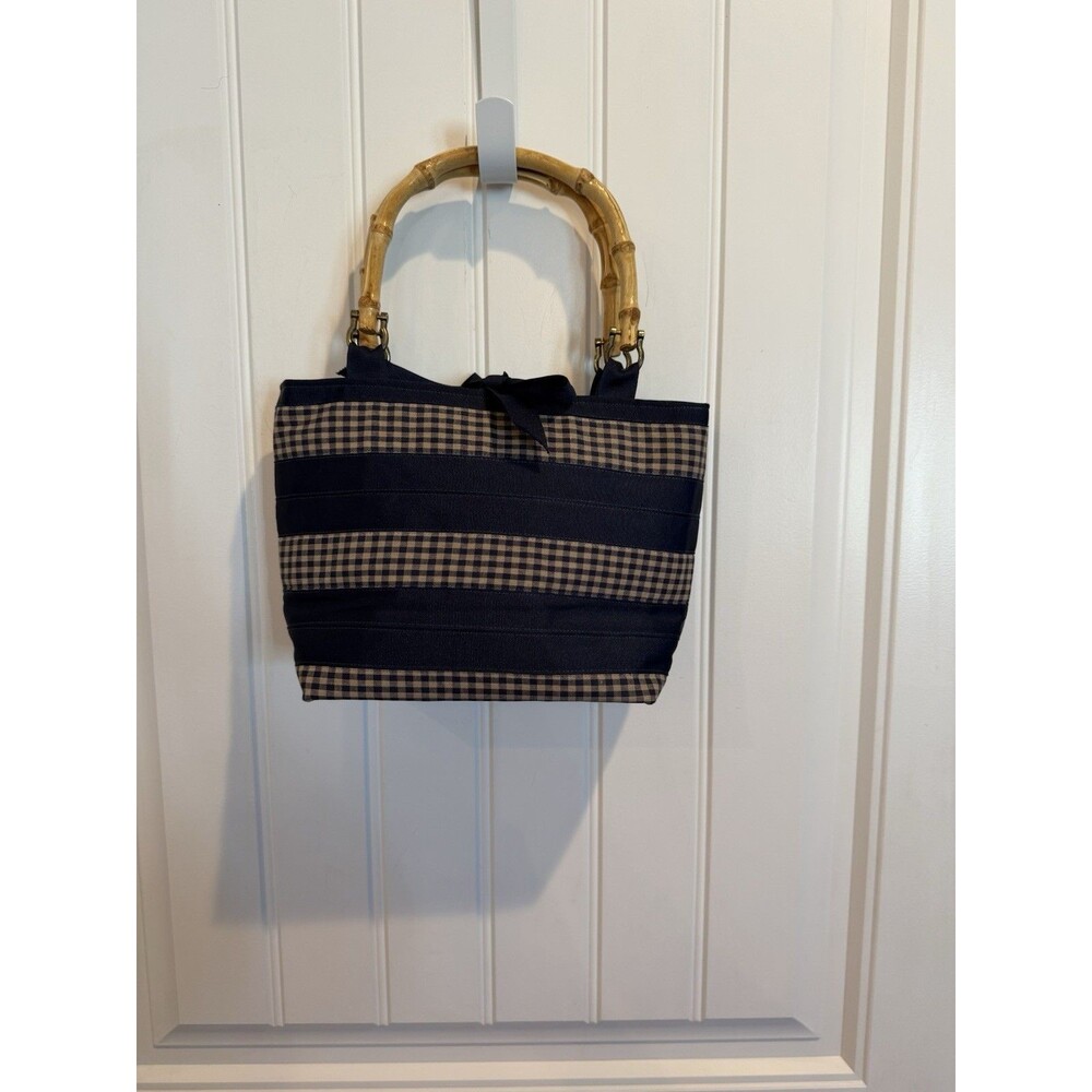Vintage Emma Wallace Navy Tan Gingham Ribbon Bamboo Handle Handbag Tote Purse